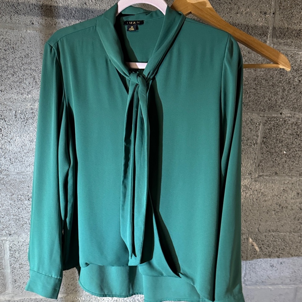 IMAN Teal Tie-Neck Blouse